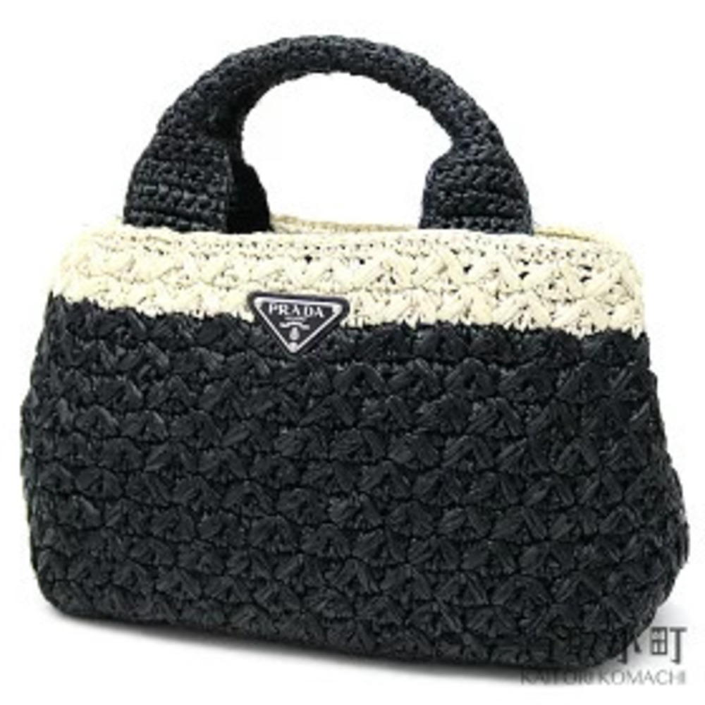 Prada Raffia Handbag Black Triangle Tote Bag Basket Two Tone RAFIA BICOLORE